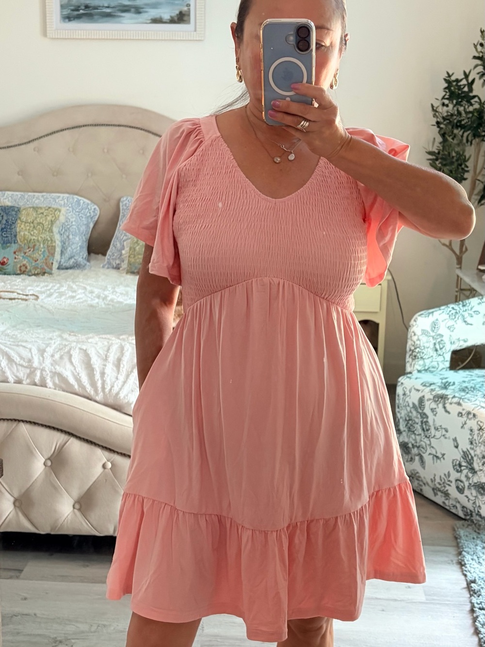 Pink Smocked Flutter Sleeve Mini Dress